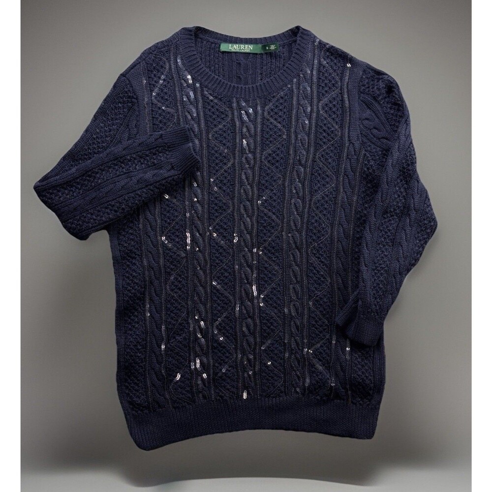 Ralph Ralph Lauren Cable Knit Sweater Sequined Navy Blue  Long Sleeve Small
